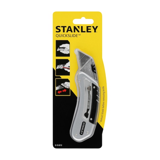 Photo of STANLEY 0-10-810 Quickslide utility knife in packaging, silver color, front view.