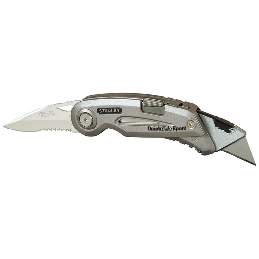 STANLEY 0-10-813 multi-tool knife with folding serrated blade and utility blade, side view on white background.