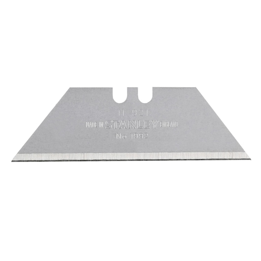 STANLEY SKU 0-11-921 utility knife blade, silver, straight edge, front view, product photography.