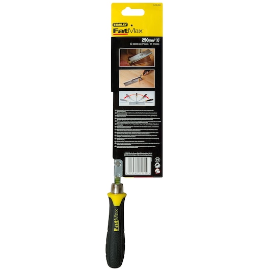 STANLEY 0-15-252 FatMax 250mm saw with black and yellow handle, rear packaging view, hand tool category.