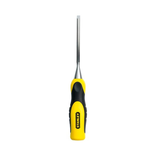 Photo of STANLEY 0-16-870 chisel with yellow and black ergonomic handle, front view on white background.