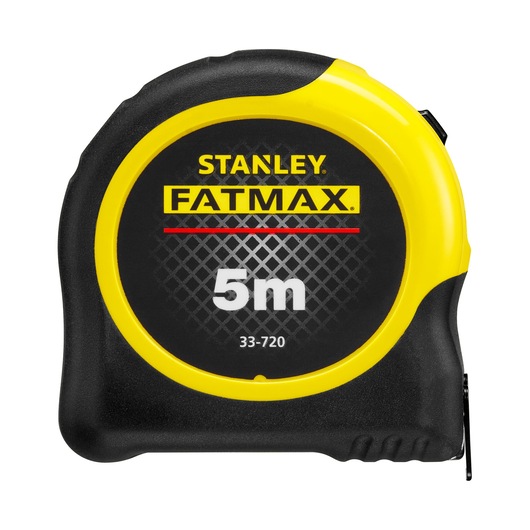 STANLEY 0-33-720 tape measure, FATMAX series, 5m length, black and yellow, front angle, photography.