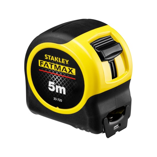 STANLEY 0-33-720 FATMAX 5m tape measure, yellow and black, front angle on white background.