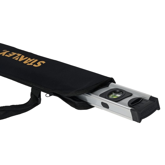 STANLEY 0-42-065 spirit level with black carrying case, angled view on white background.