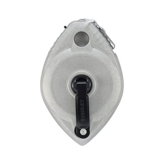 STANLEY 0-47-100 silver chalk line reel, photography of front angle on white background.