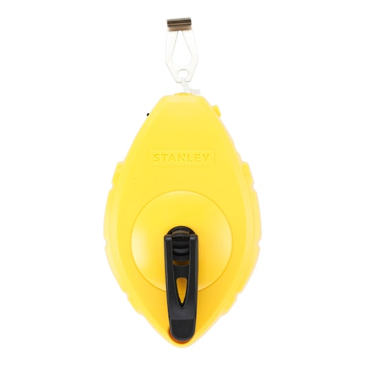 STANLEY 0-47-440 yellow chalk line reel with black handle, front view on white background.