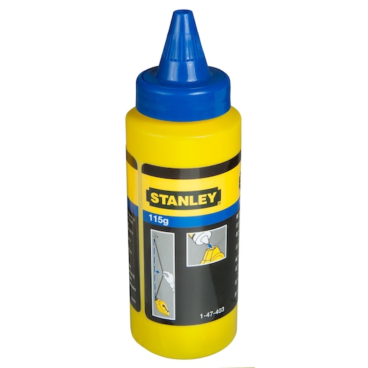 STANLEY 0-47-440 chalk powder bottle, yellow and blue plastic, front angle on white background.