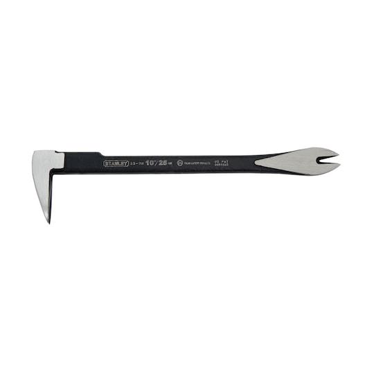 STANLEY 0-55-114 steel flat pry bar tool, black and silver, side angle on white background.