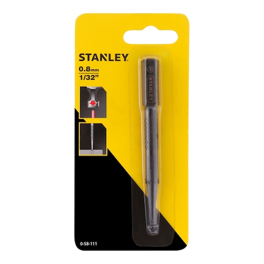 STANLEY 0-58-111 steel punch tool, 0.8mm, yellow and black retail packaging, front angle.
