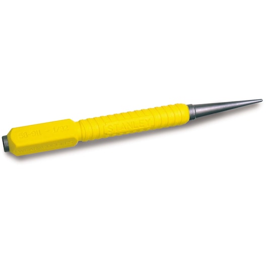 Photo of STANLEY 0-58-911 yellow grip steel punch tool, angled on white background, hand tool category.