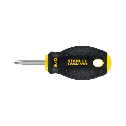 STANLEY 0-65-406 stubby Phillips screwdriver with black and yellow FATMAX handle, side view on white background.
