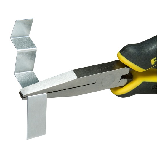 STANLEY 0-84-495 pliers with black and yellow handle, close-up side angle, gripping a bent metal piece.