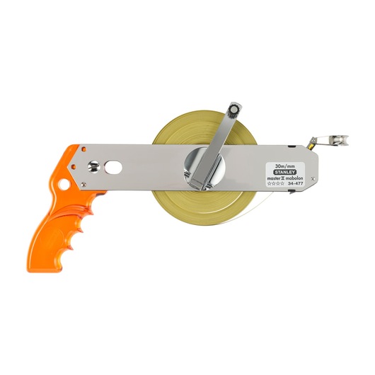 STANLEY 1-34-477 measuring tape with orange plastic handle, metal frame and winding crank, front view.