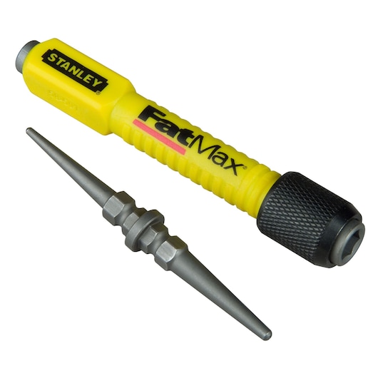 STANLEY 1-58-501 FatMax yellow automatic center punch with steel tip, side angle on white background.