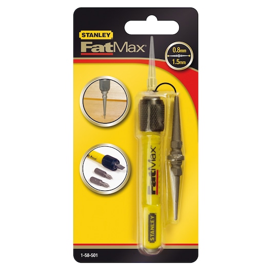 STANLEY 1-58-501 FatMax yellow automatic center punch with black grip and extra tip in retail packaging, front angle.