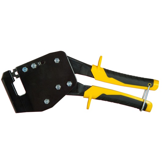 Heavy-duty hand tool with yellow and black handles, used for metal joining or sheet metal work.