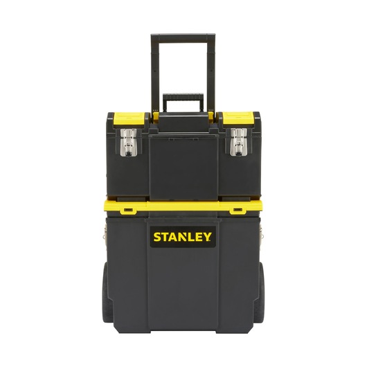 STANLEY 1-70-326 mobile tool chest, black and yellow, photography, front angle on white background.