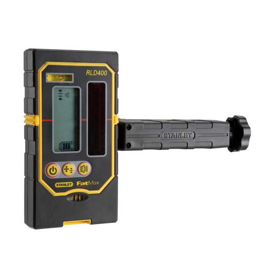 Stanley FatMax RLD400 laser receiver with handle, digital display, and control buttons, used for precise measurements.