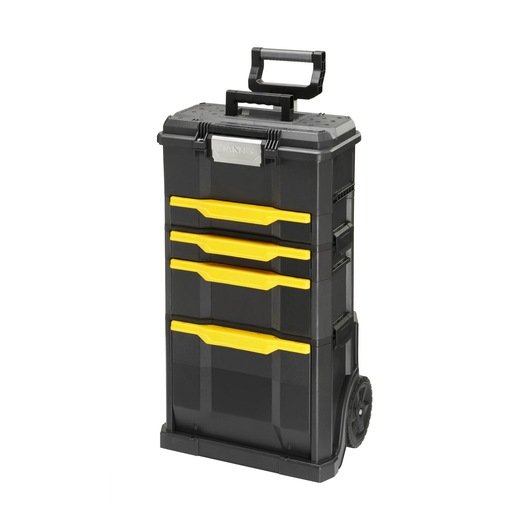 Stanley black rolling toolbox with four yellow drawers and handle for portable storage.