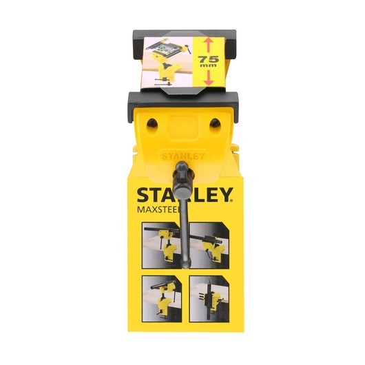 STANLEY 1-83-069 bench vise, yellow and black, front angle, with packaging showing clamp features and 75 mm capacity.