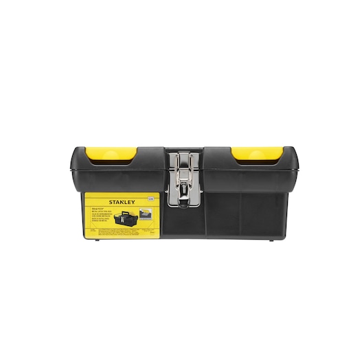 STANLEY 1-92-064 black and yellow toolbox, front angle, with metal latch and label.
