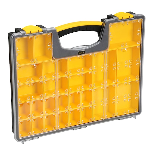 STANLEY 1-92-748 yellow and clear plastic organizer box, front angle, with handle and multiple compartments.