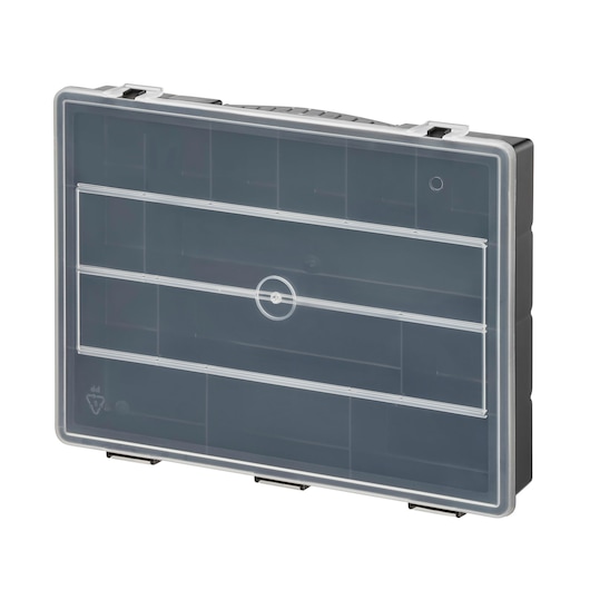 STANLEY 1-92-761 photography of plastic organizer box with clear lid, front angle.