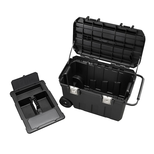 STANLEY 1-92-978 black rolling tool box with open lid and removable tray, angled on white background.