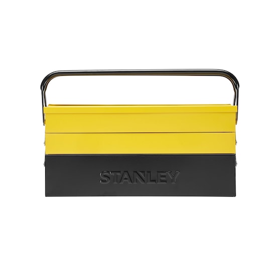 STANLEY 1-94-738 metal toolbox, yellow and black, front view, with embossed logo, photography product.