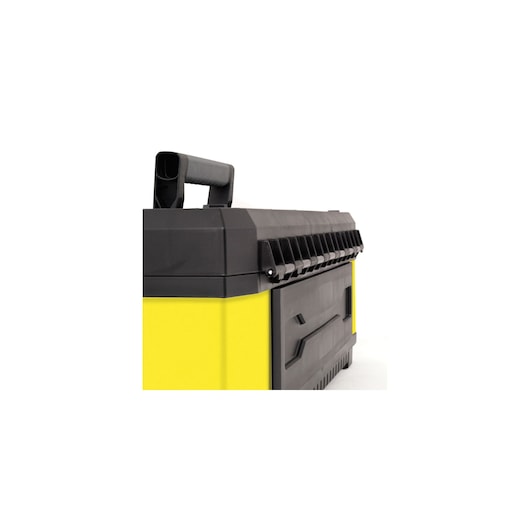 STANLEY 1-95-612 toolbox, yellow and black, side angle with handle and front compartment visible.