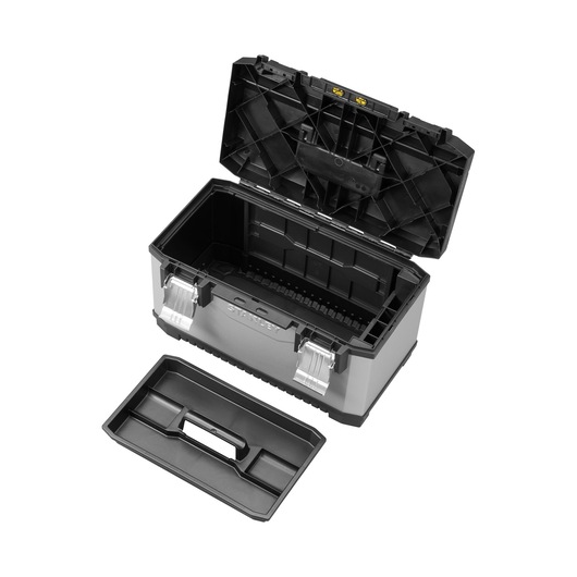 Open STANLEY toolbox with tray, black and silver, showing internal compartments and latches.