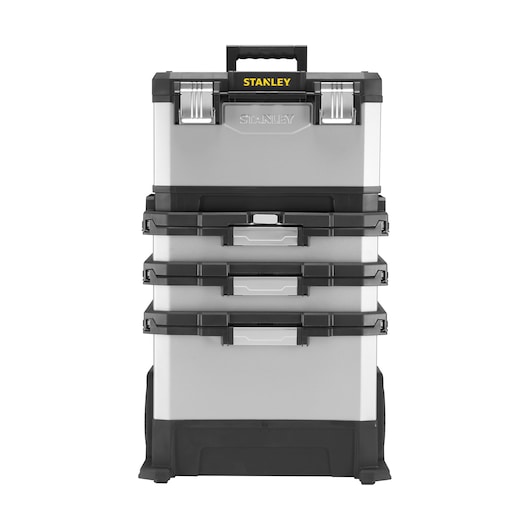 STANLEY 1-95-622 rolling toolbox with three drawers, silver and black, front view, white background.