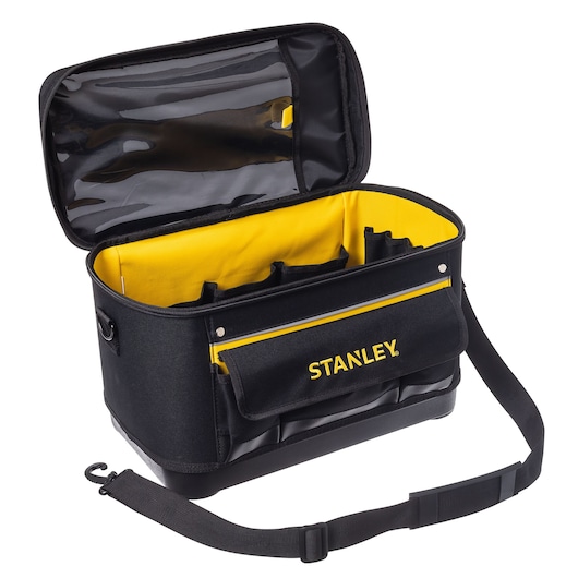 STANLEY 1-96-193 tool bag, black and yellow, open top, shoulder strap, front angle, photography.