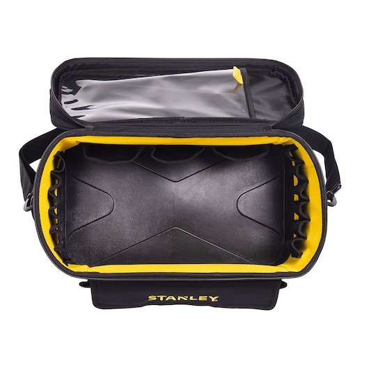 STANLEY 1-96-193 tool bag with black and yellow interior, photographed from above on a white background.