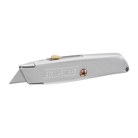 STANLEY 2-10-099 silver utility knife, angled view, metal body with exposed blade and brass screw.