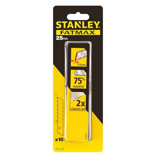 STANLEY FATMAX 2-11-725 25mm snap-off blade pack, yellow and black packaging, front angle, 10 blades included.