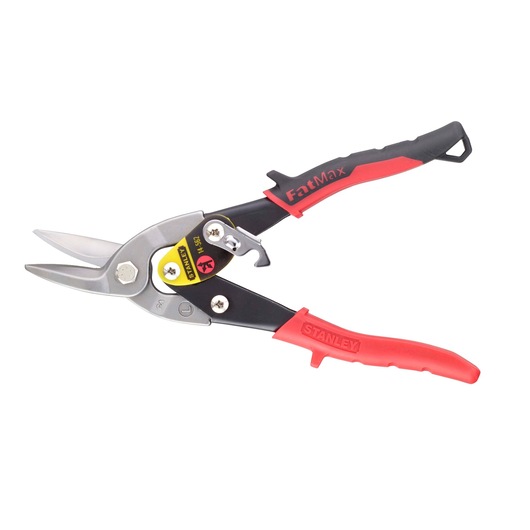 STANLEY 2-14-562 aviation snips with red and black handles, left cut, side angle on white background.