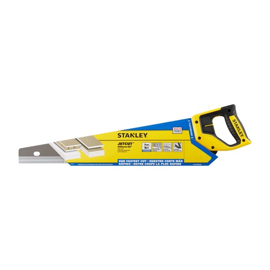 Photo of STANLEY 2-20-037 hand saw with yellow and black handle and JETCUT label, side angle on white background.