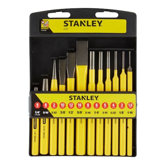 STANLEY 4-18-299 12-piece yellow and black punch and chisel set in a plastic case, front view on white background.