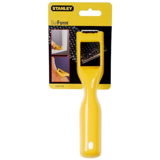 Photo of STANLEY 5-21-115 SurForm yellow hand file tool in retail packaging, front angle.