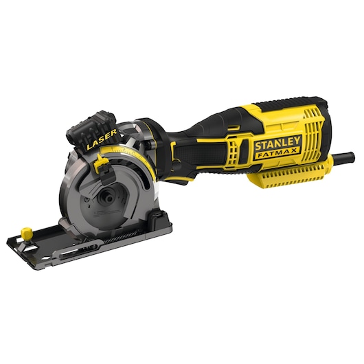 STANLEY FME380K compact circular saw with laser guide, black and yellow housing, product side view.