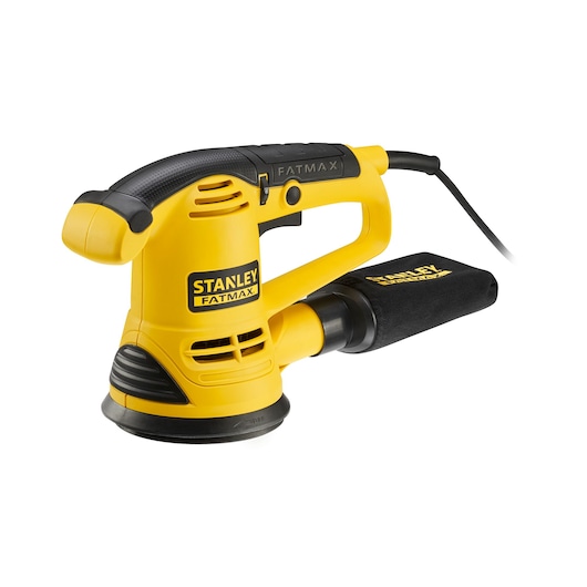 STANLEY FME440K yellow and black random orbital sander, side angle, with dust bag attachment.