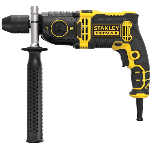 STANLEY FMEH1100K corded hammer drill, black and yellow, side angle, with auxiliary handle.