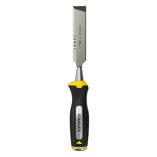 STANLEY FMHT0-16067 chisel with black and yellow ergonomic handle, front angle on white background.