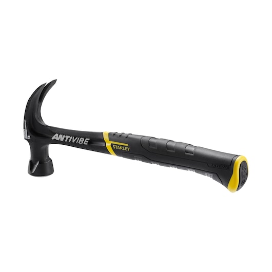 Stanley FMHT1-51275 claw hammer, black and yellow, side view on white background.