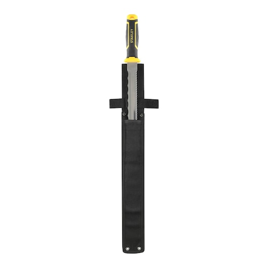 STANLEY FMHT10327-1 machete with black sheath, yellow and black handle, front view, on white background.