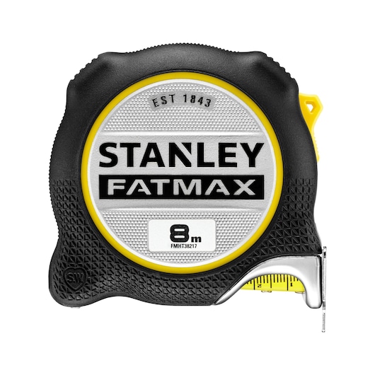 STANLEY FATMAX 8m tape measure FMHT38217-0, black and yellow, photography, front view on white background.