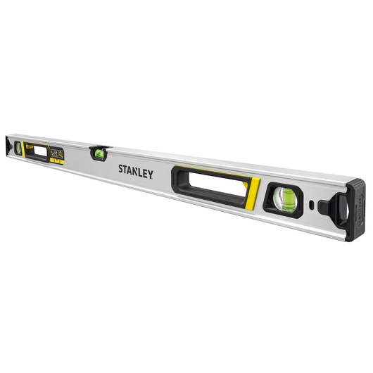 STANLEY FMHT43674-1 spirit level with aluminum body, three vials, and ergonomic handle, angled on white background.