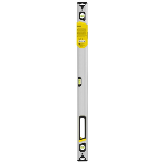 Photo of STANLEY FMHT43674-1 spirit level, silver and black body, three vials, front-facing on white background.
