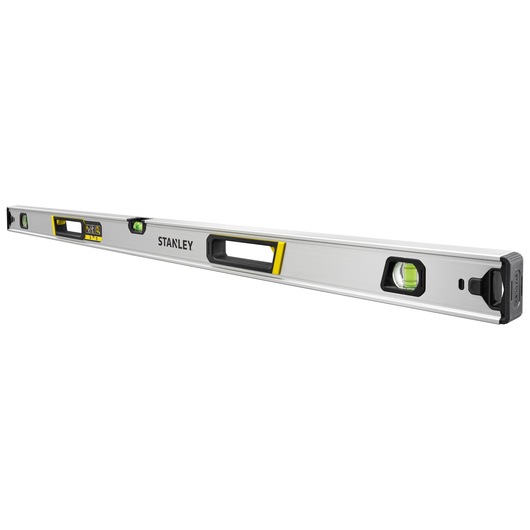 Photo of STANLEY FMHT43676-1 spirit level, silver with yellow accents, three vials, side angled view.